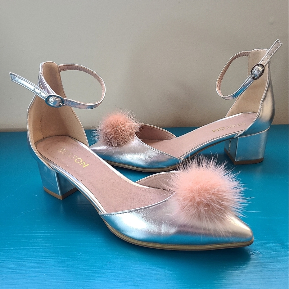 Beston Silver Block Heels with Pink Pom-Poms